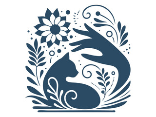 Elegant Hand Holding Cat Silhouette with Botanical Elements – Pet Care and Animal Welfare Symbol in Floral Style