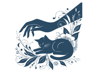 Elegant Hand Holding Cat Silhouette with Botanical Elements – Pet Care and Animal Welfare Symbol in Floral Style