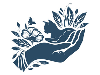 Elegant Hand Holding Cat Silhouette with Botanical Elements – Pet Care and Animal Welfare Symbol in Floral Style