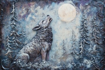 Fototapeta premium Textural painting of a wolf howling at the moon in a snowy forest landscape at night.
