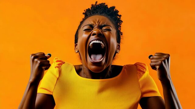 An emotional, energetic  of a black woman expressing her frustration with strong gestures.
