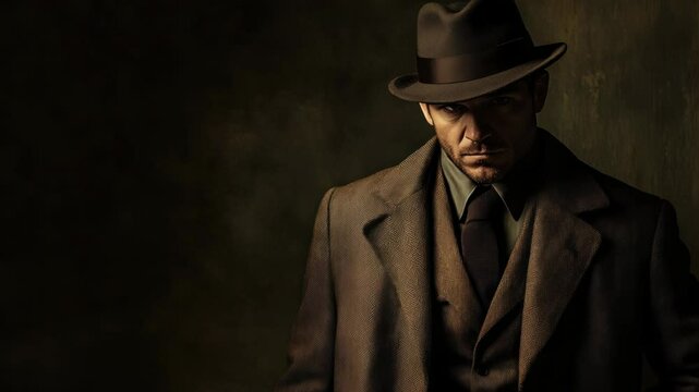 Mysterious figure in shadow, wearing classic attire and exuding vintage charisma