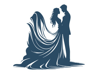 Elegant Wedding Couple Silhouette Illustrations – Romantic Bride and Groom in Floral Wedding Poses

