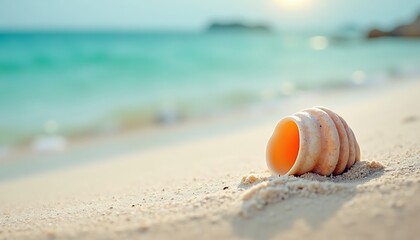 Obraz premium Seashell on Sandy Beach with Ocean View Vacation Concept