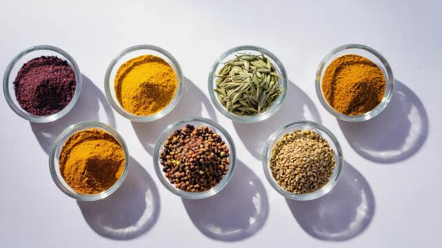 Bowls of common cooking spices on table.