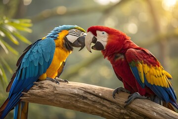 Obraz premium Blue and gold macaw and scarlet macaw birds affectionately touching beaks on branch