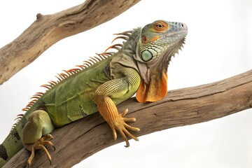 Fototapeta premium Green iguana lizard on branch reptile wildlife exotic animal