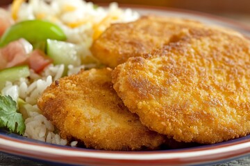 Milanesa Mexico traditional breaded meat dish high in protein and iron served with rice and salad shown in authentic setting