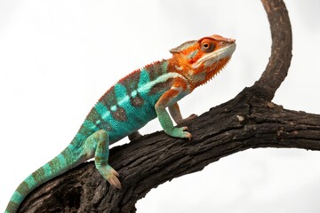 Obraz premium Vibrant panther chameleon on dark branch isolated white background