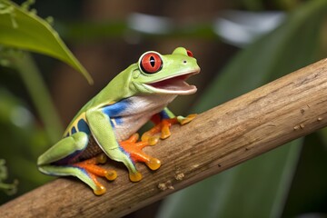 Obraz premium Vibrant red eyed tree frog on branch in rainforest