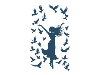 Elegant Silhouette of a Dancing Woman Transforming into a Flock of Flying Birds