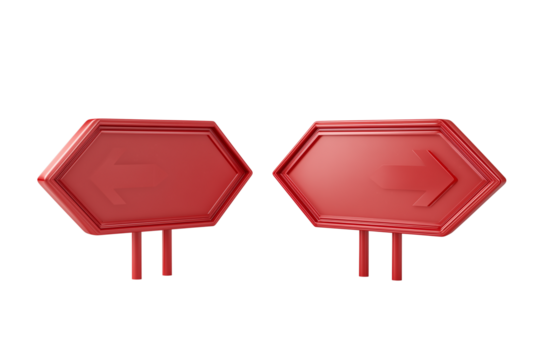 A set of minimalistic 3D opposite-facing red road signs featuring arrow symbols with realistic texture and depth, isolated on a transparent background