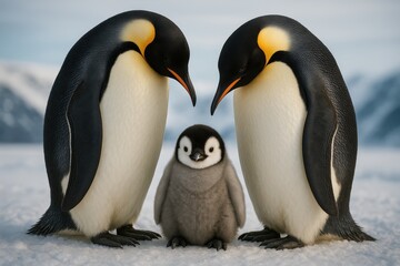 Emperor penguin family taking care of chick on ice