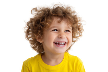 A set of natural candid portraits of cheerful young children with curly hair laughing in bright yellow t-shirts isolated on a transparent background