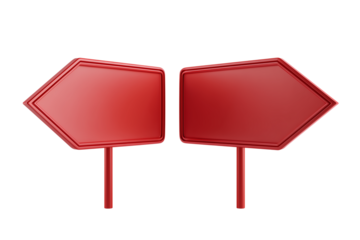 A set of opposite red road signs with arrows facing away, sleek 3D rendering with smooth shadows, stock photo quality, isolated on a transparent background