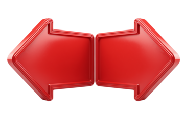 A set of opposite red road signs with arrows facing opposite directions, smooth shadows and sleek 3D rendering, stock photo quality, isolated on a transparent background