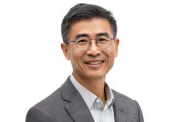 A set of natural professional headshots of middle-aged Asian businessmen with glasses and tailored grey suits smiling in a clean modern aesthetic isolated on a transparent background