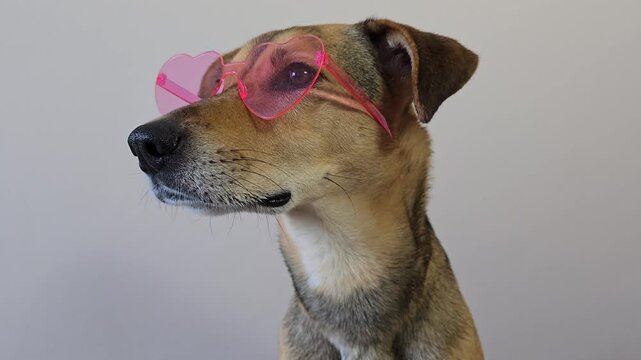 Confident mongrel dog in pink sunglasses hearts sitting on light background. bold humorous profile portrait for marketing, fashion, advertising. romantic dog in funny glasses looks carefully to side