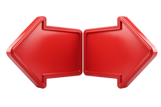 A set of opposite red road signs with arrows facing opposite directions, smooth shadows and sleek 3D rendering, stock photo quality, isolated on a transparent background