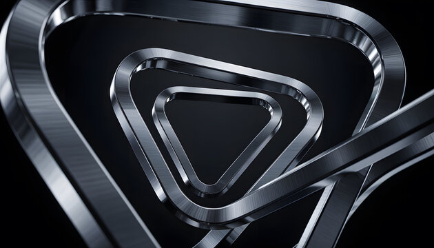 Geometric arrangement of metallic triangular forms creating an abstract and modern design against a dark reflective backdrop.