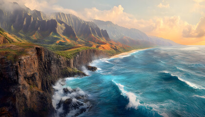 Naklejka premium dramatic aerial view of rugged ocean cliffs in Hawaii with turquoise waves crashing below, sun setting on the horizon casting a golden glow, sea spray mist catching the light