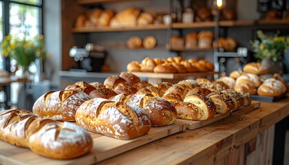 Freshly Baked Bread And Pastries Displayed On Wooden Counter In Cozy Bakery Cafe