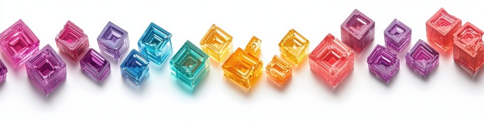 Rainbow-hued cubic gems scattered on white