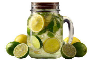 Refreshing citrus drink in mason jar with ice and mint