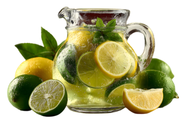 Refreshing citrus lemonade pitcher with ice and mint leaves