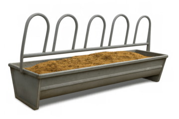 Metal feeding trough filled with hay, featuring a transparent background. Ideal for agricultural and farming concepts