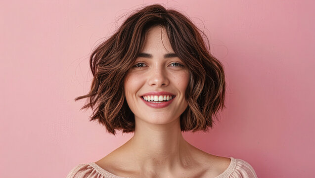 Joyful woman with wavy brunette bob haircut smiles against pastel pink background. Fashion photography captures vibrant energy and playful spirit in whimsical style.