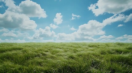 Lush green grass field under a partly cloudy sky.