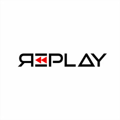 Design the word "Replay" with the concept of turning back on the letter E.