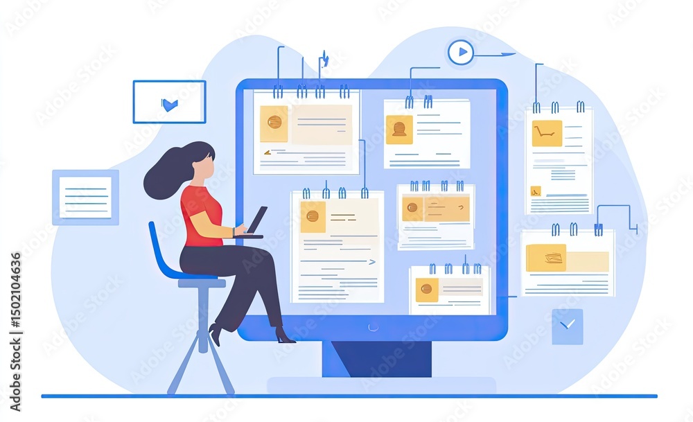 Poster woman working on a large screen displaying multiple project details. a digital calendar, task lists,