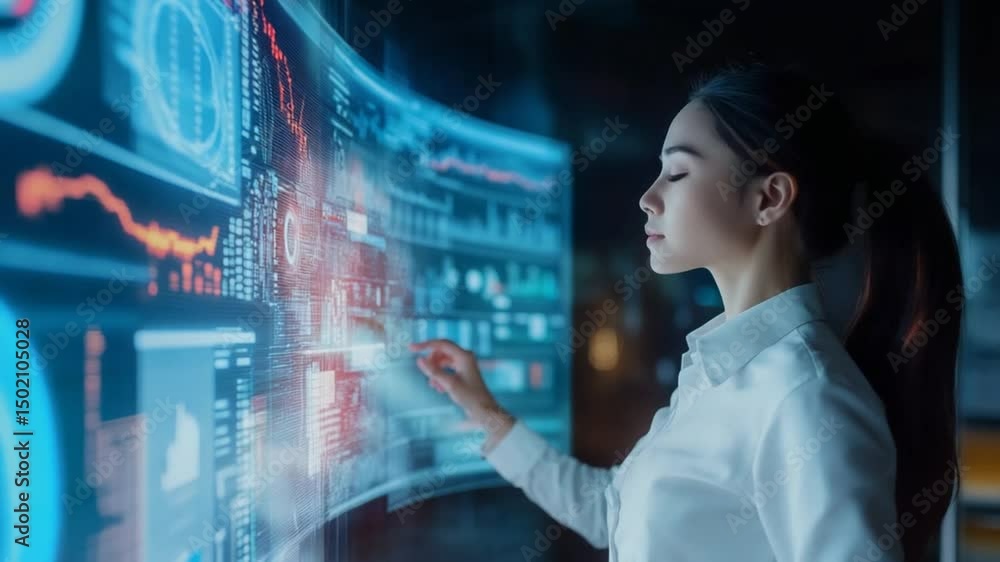 Poster woman interacts with a futuristic, large interactive display filled with data and information, showc