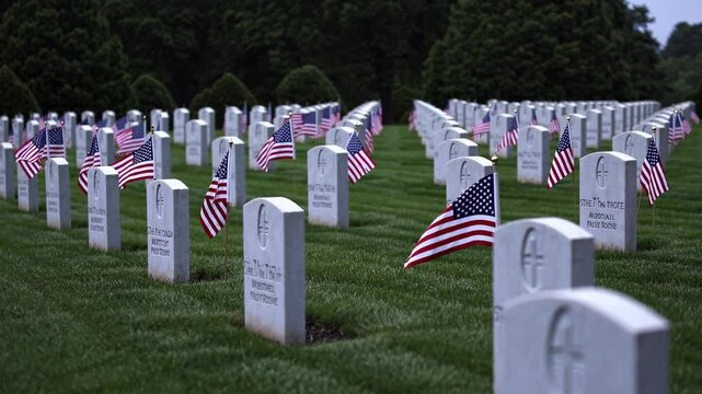 Low-angle video of a cemetery with rows of white headstones and American flags, capturing a solemn and respectful atmosphere.