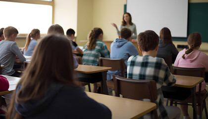 A teacher is standing in front of a classroom of students