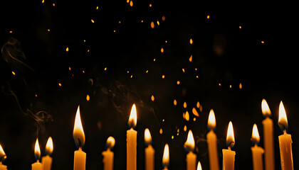Many burning candles on black background, closeup. Space for text