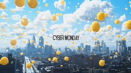 Cityscape with yellow spheres floating in the sky on Cyber Monday.