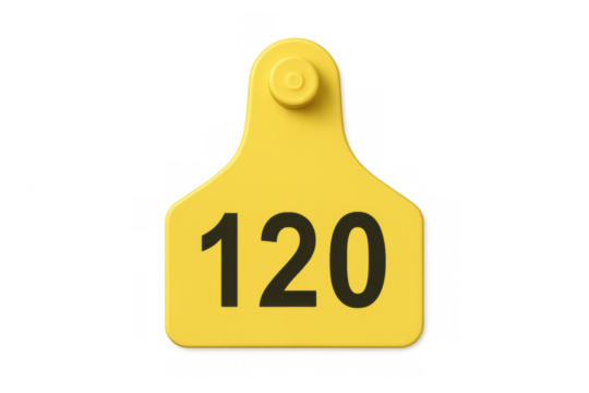 Yellow cattle ear tag with number one hundred twenty on transparent background, livestock management concept