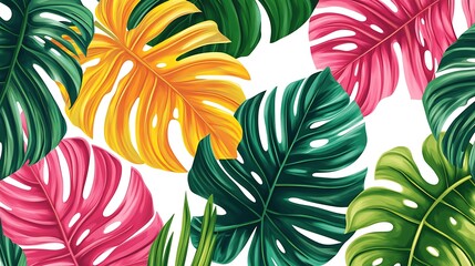 Vibrant tropical leaves in a colorful pattern.