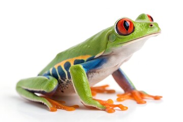 Vibrant red eyed tree frog isolated on white background