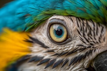 Obraz premium Blue and gold macaw eye close up vivid feathers tropical bird
