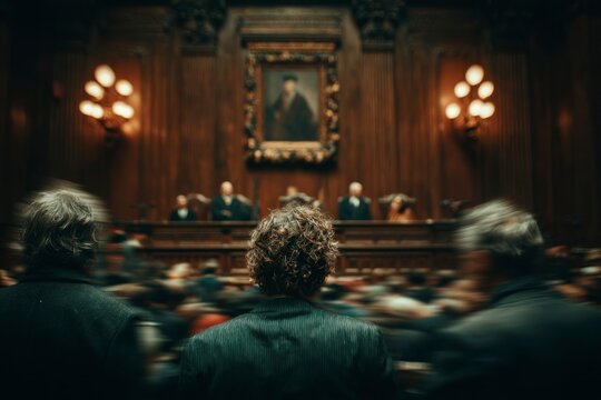 Formal Gathering in an Elegant Hall with Ornate Decor and Seated Audience