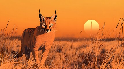 A tawny caracal stands in a golden savanna landscape at sunset.