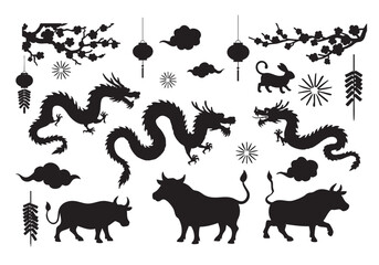 Chinese New Year Silhouettes Dragons, Oxen, and Festive Elements