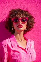 Model poses in stylish pink sunglasses against vibrant pink wall during sunny day