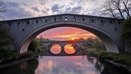 Arched stone bridges over the river. Early evening arch bridges at sunset with calm water, front view. Wallpaper, background.