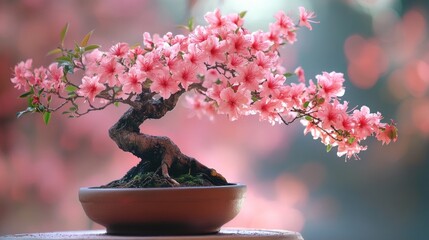 Beautiful pink bonsai blossoms in a pot