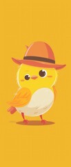 Fototapeta premium Cute flat yellow bird with a tiny orange hat on an isolated playful minimalistic bright yellow background.